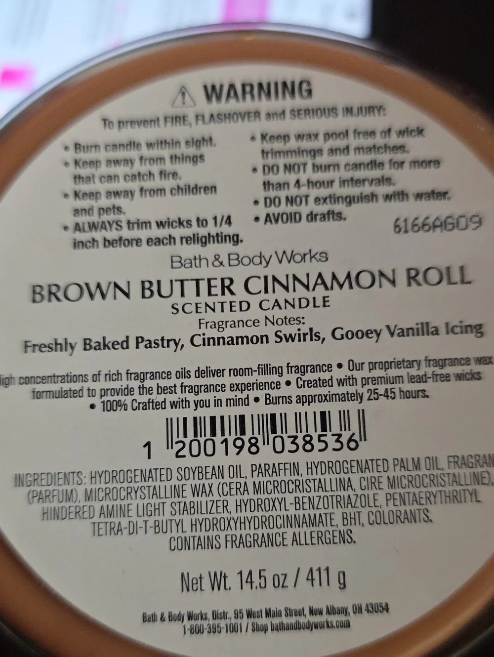 Candle Lg. Bath & Body Works Brown Butter Cinnamon Roll 3-Wick